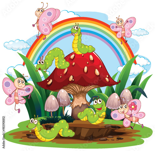 Happy Caterpillars and Butterflies Gathering