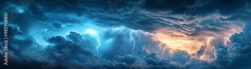 Dramatic sky with thunderstorm clouds and vibrant lightning at sunset