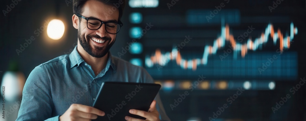 Investor smiling at tablet with stock charts showing sharp upward movement, luxury office, investment growth, booming market Investor smiling at tablet with stock charts showing sharp upward movement, luxury office, investment growth, booming market