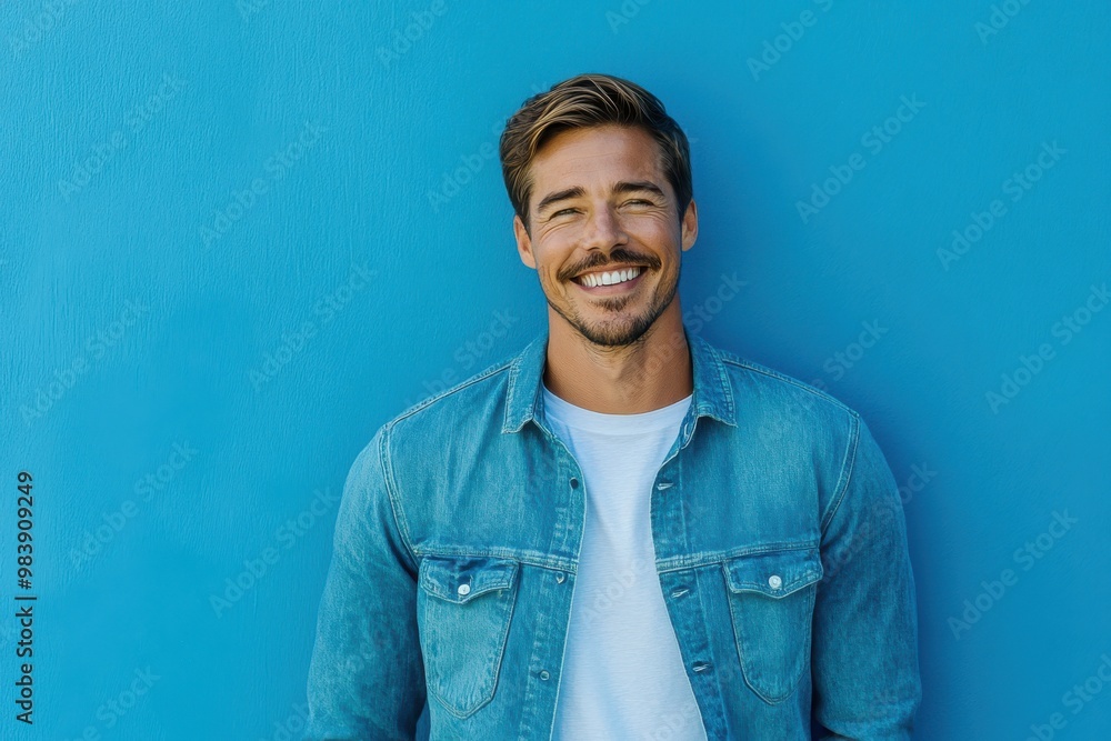 A cheerful man in a denim shirt standing against a bright blue background, A cheerful man in a denim shirt standing against a bright blue background,