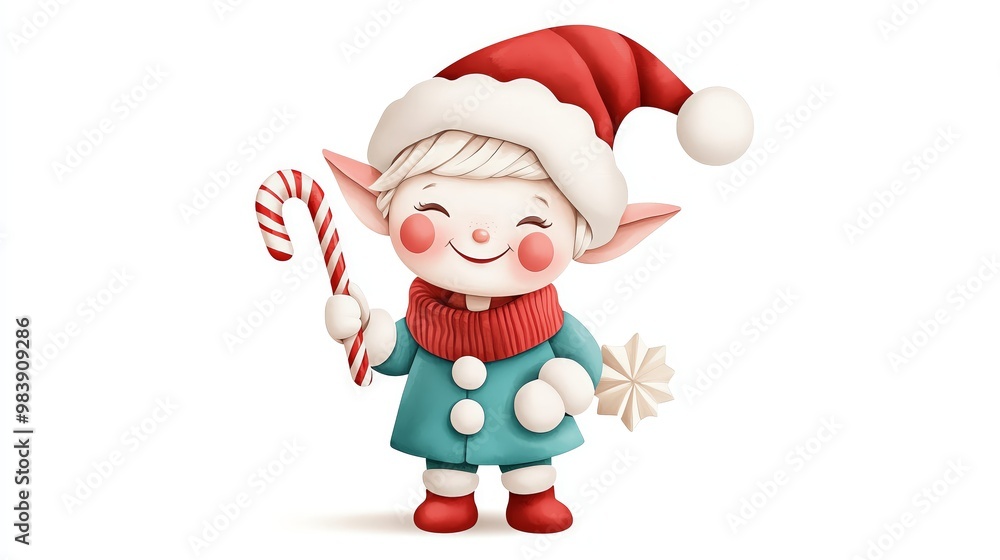 Fototapeta premium Watercolor Christmas elf holding a candy cane, with rosy cheeks and a mischievous smile, watercolor Christmas clipart, holiday character