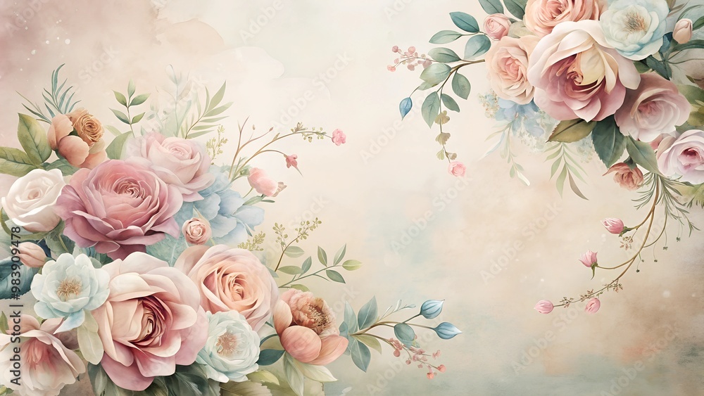 Charming pastel floral composition featuring soft roses and blossoms on a dreamy background for decorative art Charming pastel floral composition featuring soft roses and blossoms on a dreamy background for decorative art