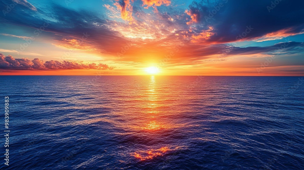 Sunset over the ocean with vibrant clouds and a golden horizon. Sunset over the ocean with vibrant clouds and a golden horizon.