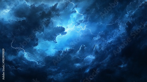Fototapeta Naklejka Na Ścianę i Meble -  Dramatic thunderstorm clouds illuminated by striking lightning in a dark blue sky