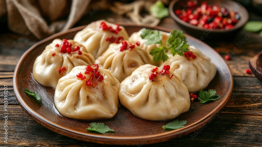 Close-Up of Steamed Dumplings with Red Pepper Flakes Close-Up of Steamed Dumplings with Red Pepper Flakes