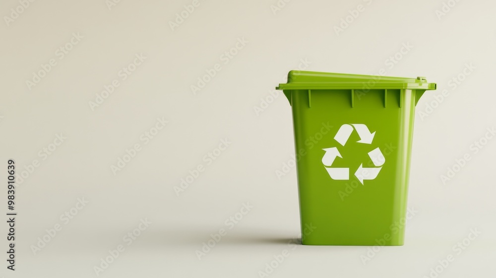 Green plastic recycle bin eco banner with copy space isolated on background, Recycling bin isolated on flat pale green background , eco trash can with copy space Green plastic recycle bin eco banner with copy space isolated on background, Recycling bin isolated on flat pale green background , eco trash can with copy space