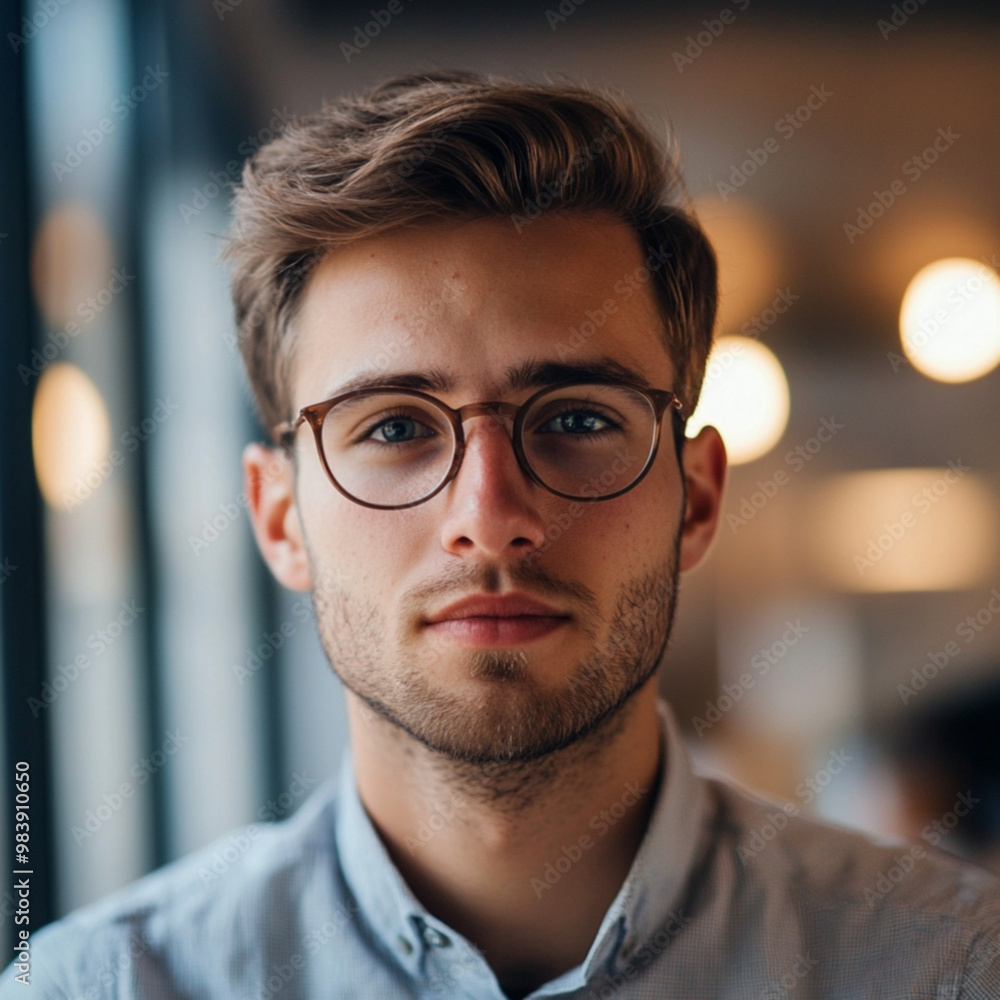 young guy looks at us in office young guy looks at us in office