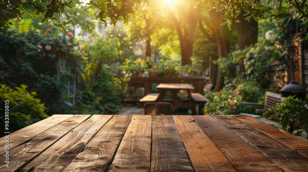 old wooden table with blur background of backyard garden and chairs and grill table. Top view old wooden table with blur background of backyard garden and chairs and grill table. Top view