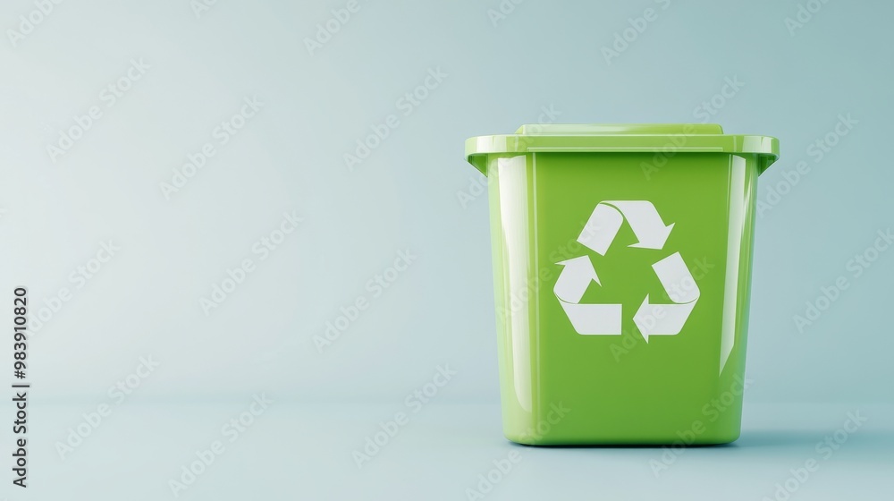 Green plastic recycle bin eco banner with copy space isolated on background, Recycling bin isolated on flat pale green background , eco trash can with copy space Green plastic recycle bin eco banner with copy space isolated on background, Recycling bin isolated on flat pale green background , eco trash can with copy space