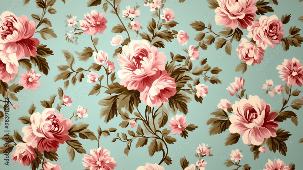 Fototapeta Elegant floral pattern featuring pink roses and green leaves against a serene blue background, perfect for vintage designs.