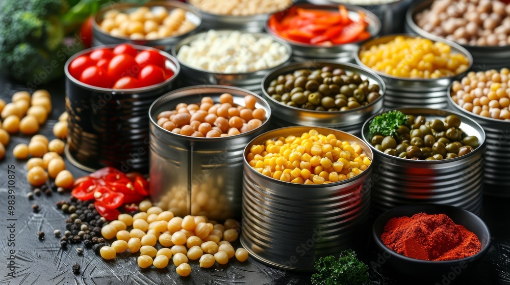 Open tin cans with different food on table Open tin cans with different food on table