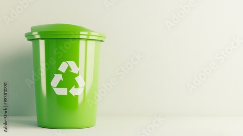 Green plastic recycle bin eco banner with copy space isolated on background, Recycling bin isolated on flat pale green background , eco trash can with copy space