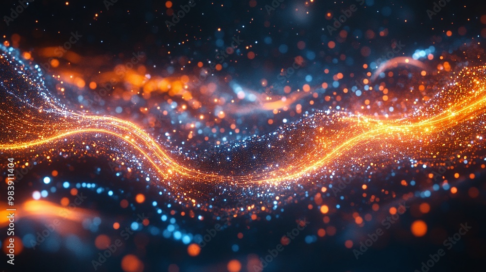An abstract digital artwork featuring luminous particles and flowing lines in vibrant orange and blue colors.