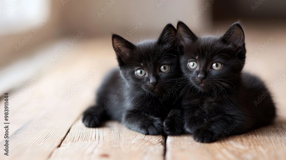 Two adorable black kittens with glossy fur are relaxing on a wooden floor, looking curious and ready to play. Two adorable black kittens with glossy fur are relaxing on a wooden floor, looking curious and ready to play.