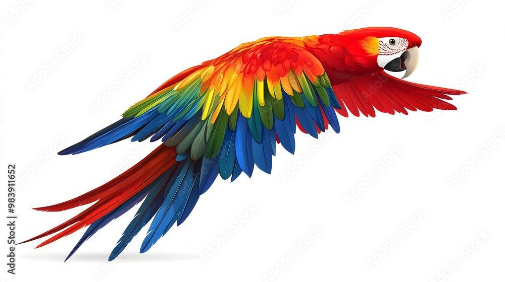 Fototapeta premium Colorful flying parrot with white background.