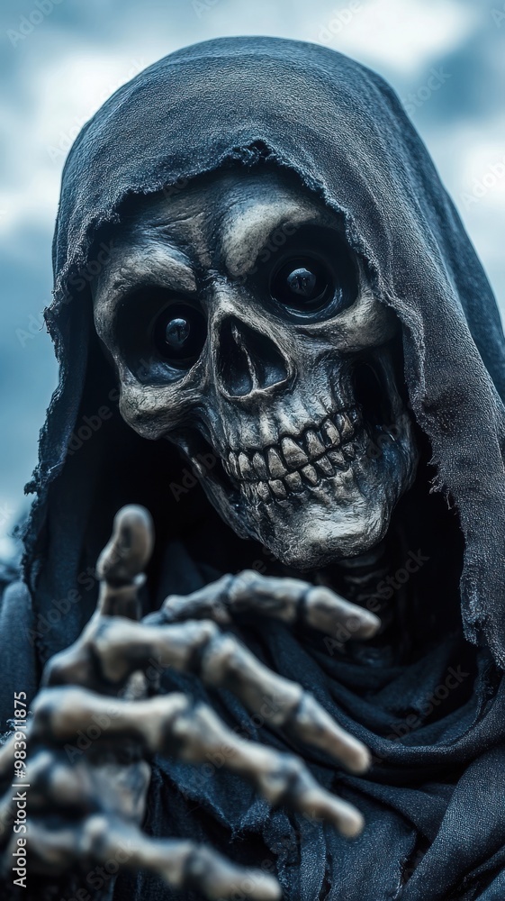 A dark and eerie skeleton figure, shrouded in a hood, evokes a sense of mystery and the supernatural. A dark and eerie skeleton figure, shrouded in a hood, evokes a sense of mystery and the supernatural.