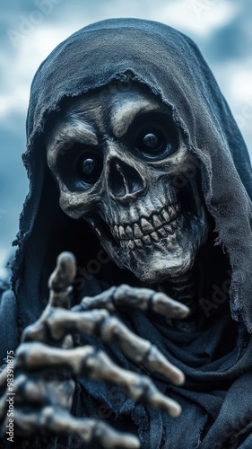 A dark and eerie skeleton figure, shrouded in a hood, evokes a sense of mystery and the supernatural.