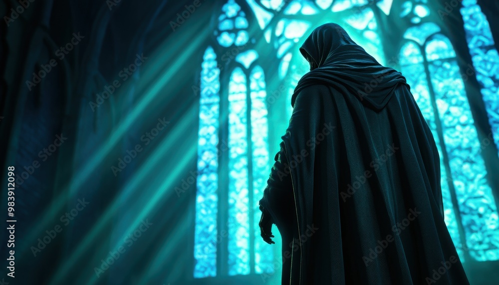 A mysterious figure cloaked in shadows stands before ethereal stained glass, illuminated by beams of soft blue light. A mysterious figure cloaked in shadows stands before ethereal stained glass, illuminated by beams of soft blue light.