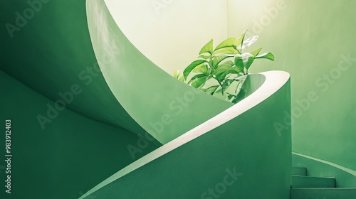 Minimalist Botanical Design with Spiral Staircase and Green Walls photo