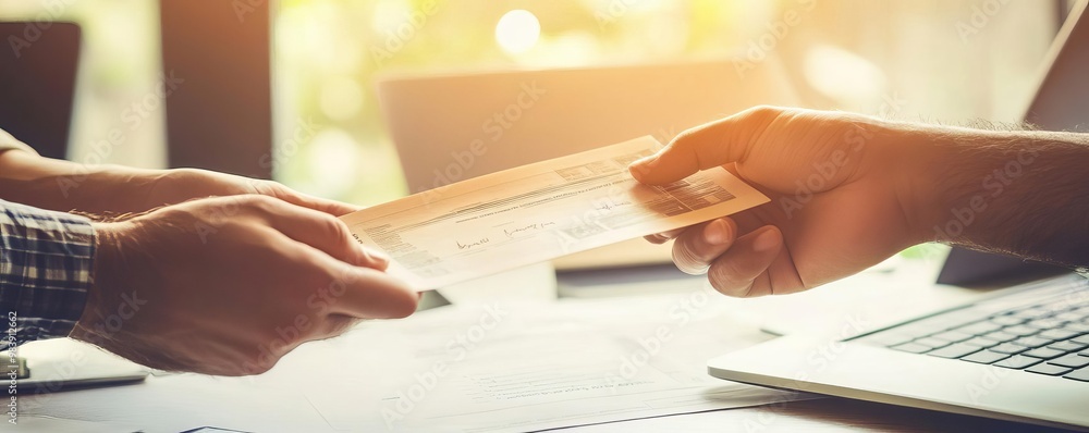 A closeup of hands exchanging a check for startup funding, with financial policy documents and laptops on the table, soft lighting, warm tones, professional mood