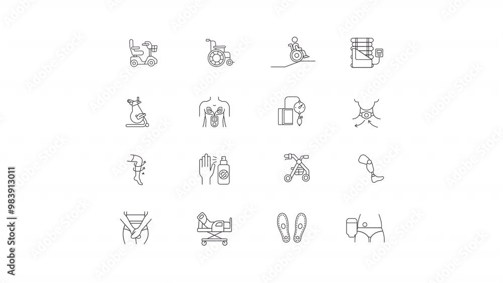 Medical tools animation set. Healthcare devices animated line icons. Artificial leg, mobility. Recovery assistance. Black illustrations on white background. HD video with alpha channel. Motion graphic Medical tools animation set. Healthcare devices animated line icons. Artificial leg, mobility. Recovery assistance. Black illustrations on white background. HD video with alpha channel. Motion graphic