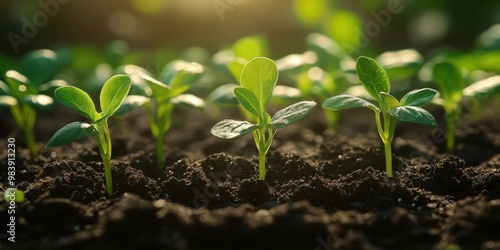 A close-up of small green seedlings emerging from rich dark soil