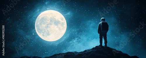 an astronaut looks toward the moon.