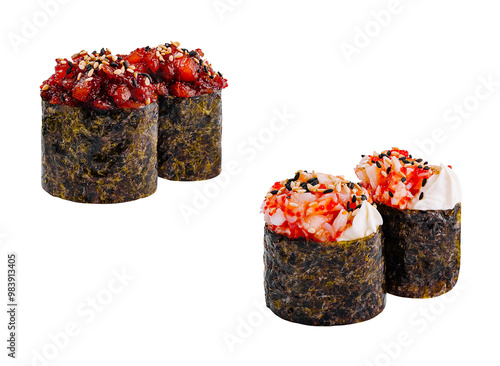 Gunkan maki sushi rolls topped with spicy tuna and seafood salad isolated on white background photo