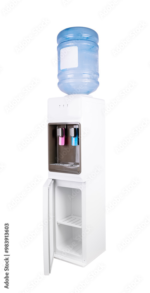 Modern water cooler dispenser with big blue bottle standing on white background
