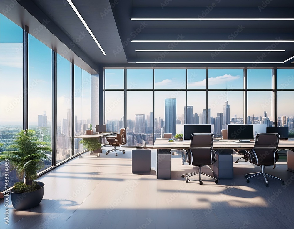 Fototapeta premium Modern open office space with large windows and city view. 3D Rendering