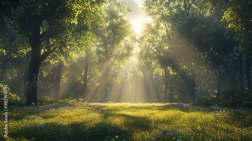 Sunbeams Piercing Through a Forest Clearing