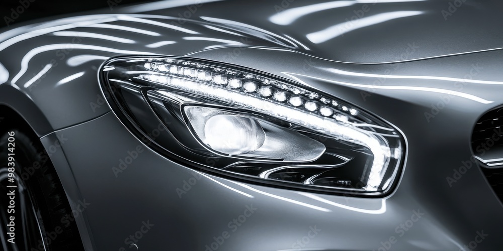 A close-up shot of a sleek and modern car headlight focusing on its intricate design A close-up shot of a sleek and modern car headlight focusing on its intricate design
