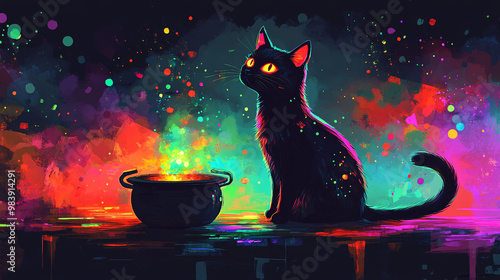 black cat sitting next to a bubbling cauldron. modern Halloween aesthetic