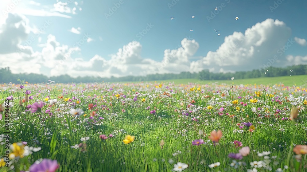 A Vibrant Wildflower Meadow Under a Blue Sky with White Clouds A Vibrant Wildflower Meadow Under a Blue Sky with White Clouds