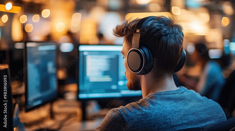 Man wearing noise-canceling headphones, focused and relaxed in a busy office environment, symbolizing the concept of noise cancellation and productivity enhancement Man wearing noise-canceling headphones, focused and relaxed in a busy office environment, symbolizing the concept of noise cancellation and productivity enhancement