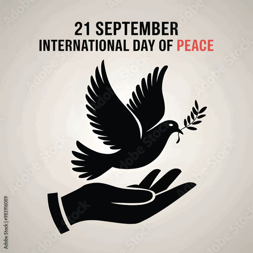 Elegant vector design for International Day of Peace featuring a black and white dove perched on an outstretched hand symbolizing peace unity and harmony with a minimalist design.