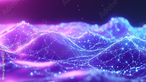 Vibrant abstract landscape featuring glowing lines and points in a digital space with a purple and blue color scheme.