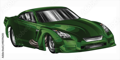 Outline green and painted racing car. Isolated in black background, for t-shirt design, print. and for business purposes.