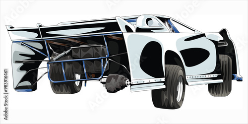 Outline grey and painted racing car. Isolated in black background, for t-shirt design, print. and for business purposes.