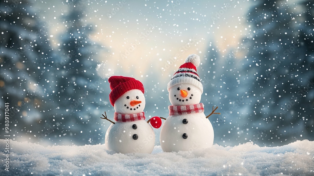 Two Snowmen in a Wintery Forest with Falling Snow Two Snowmen in a Wintery Forest with Falling Snow