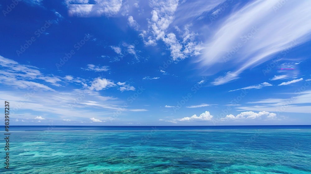 A beautiful scene of the blue ocean against the blue sky background. The ocean stretches out as far as the eye can see, with its surface glistening in the sunlight A beautiful scene of the blue ocean against the blue sky background. The ocean stretches out as far as the eye can see, with its surface glistening in the sunlight