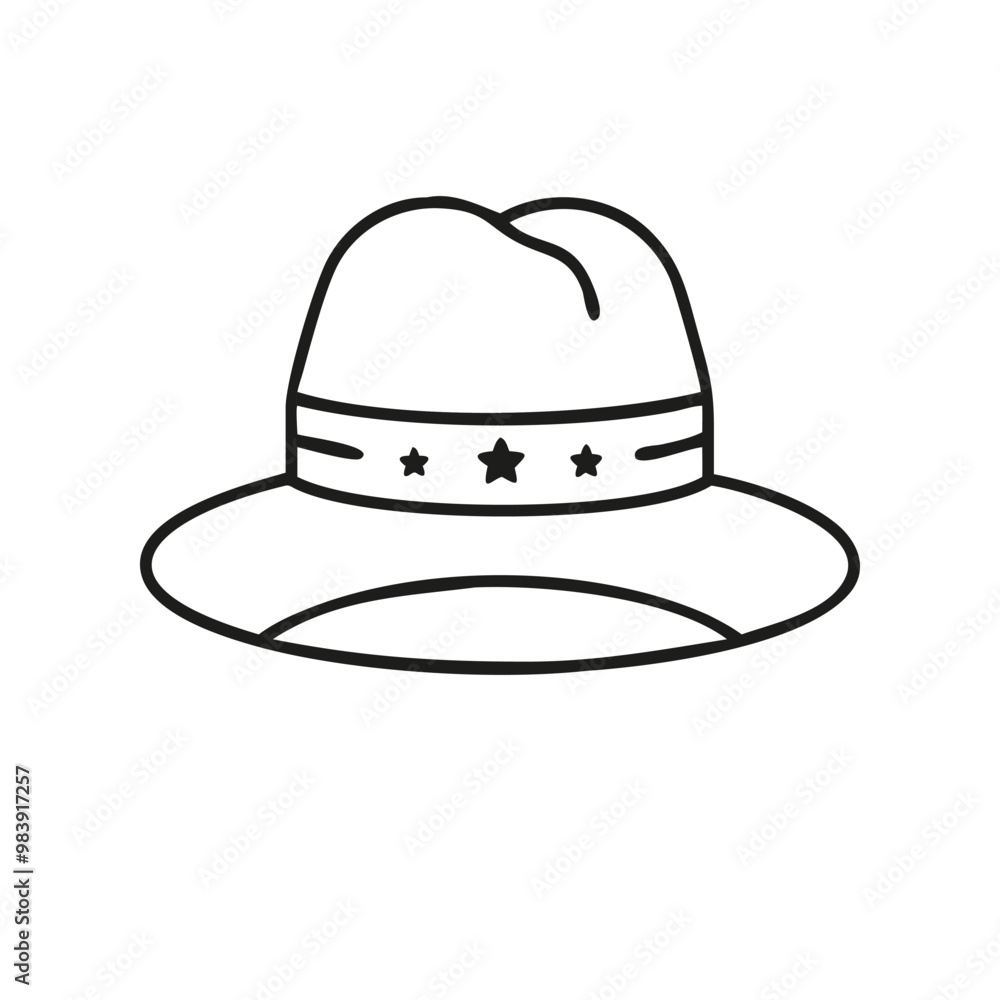 Simple black and white illustration of a cowboy hat adorned with star details on the band. Ideal for Western-themed designs, costume concepts, or as a fashion accessory icon... Simple black and white illustration of a cowboy hat adorned with star details on the band. Ideal for Western-themed designs, costume concepts, or as a fashion accessory icon...