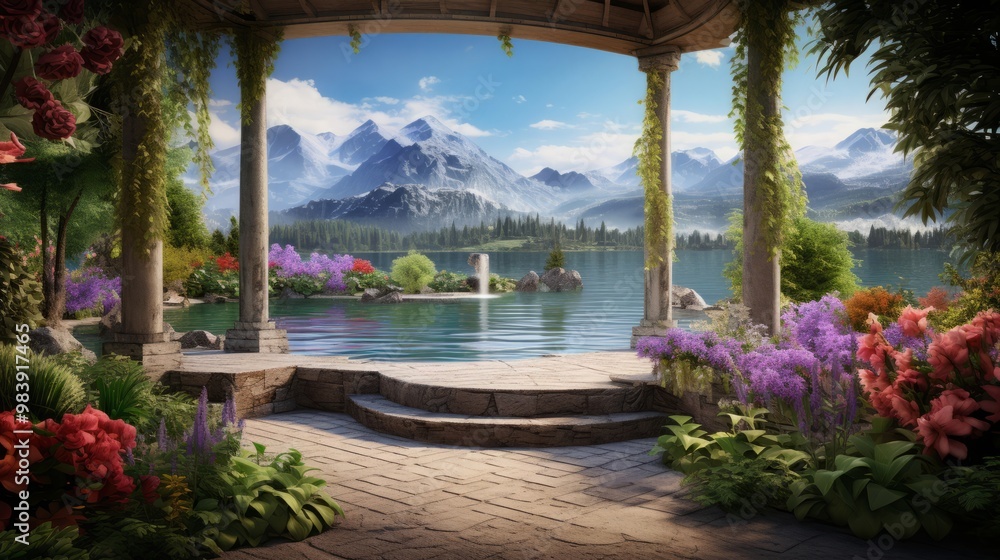 Fototapeta premium Beautiful view of the lake and mountains from the blooming garden. Digital collage. Wallpaper. Poster design. Gazebo with a fountain.