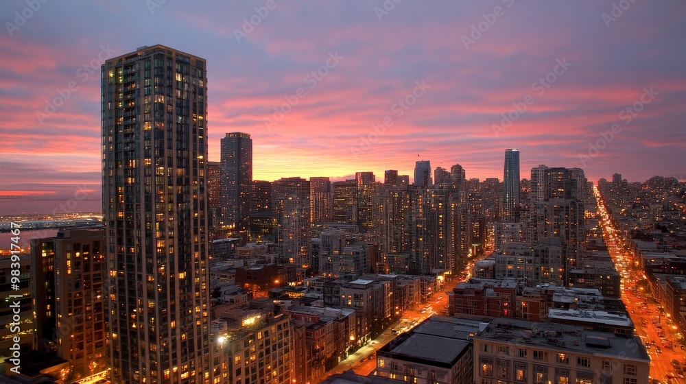 Fototapeta premium Breathtaking Cityscape of Vibrant Metropolis at Sunset