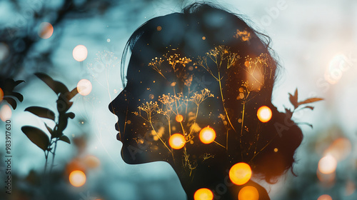 A double exposure photography of the silhouette of an adult woman's head filled with glowing flowers and fireflies, in front of a blurred nature background, with a bokeh