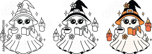 Cute groovy ghost holding coffee or tea cup and reading with flying candles. Vector illustration.