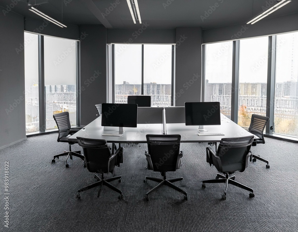 Grey workplace interior with pc monitors on tables in row, window. Mockup wall Grey workplace interior with pc monitors on tables in row, window. Mockup wall