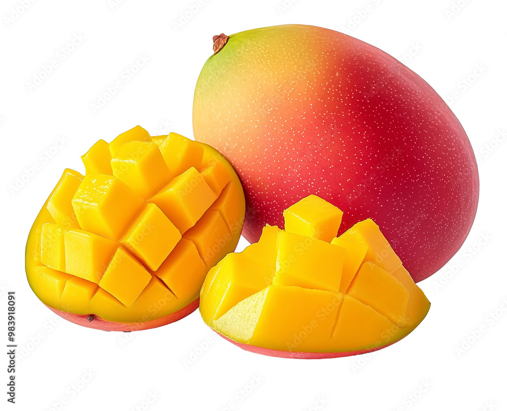Isolated Mango with Half and Mango Cubes on White Background, Fresh Tropical Fruit Image. Isolated Mango with Half and Mango Cubes on White Background, Fresh Tropical Fruit Image.