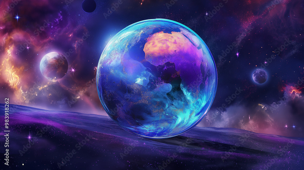 Obraz premium Surreal digital art of an abstract planet with vibrant colors and other planets in the background, floating inside a large glass sphere, with a cosmic scene and dark space background
