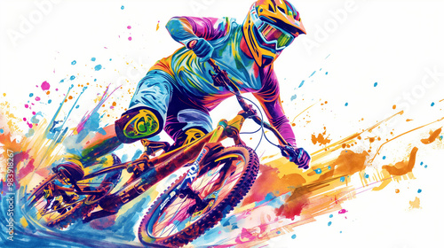 Colorful illustrations in the style of a goggles, with an athlete riding a bike, colorful splashes on a white background